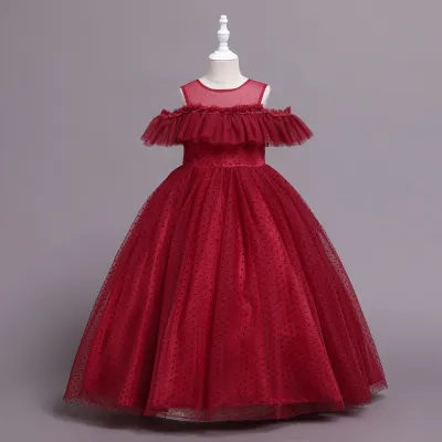 Kids Toddler Big Girls Fashion Party Cute Sweet Solid Color Bow Polka Dot Pleated Sleeveless Mesh Tutu Dress