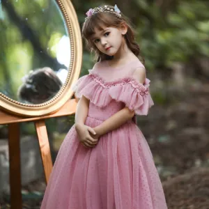 Kids Toddler Big Girls Fashion Party Cute Sweet Solid Color Bow Polka Dot Pleated Sleeveless Mesh Tutu Dress