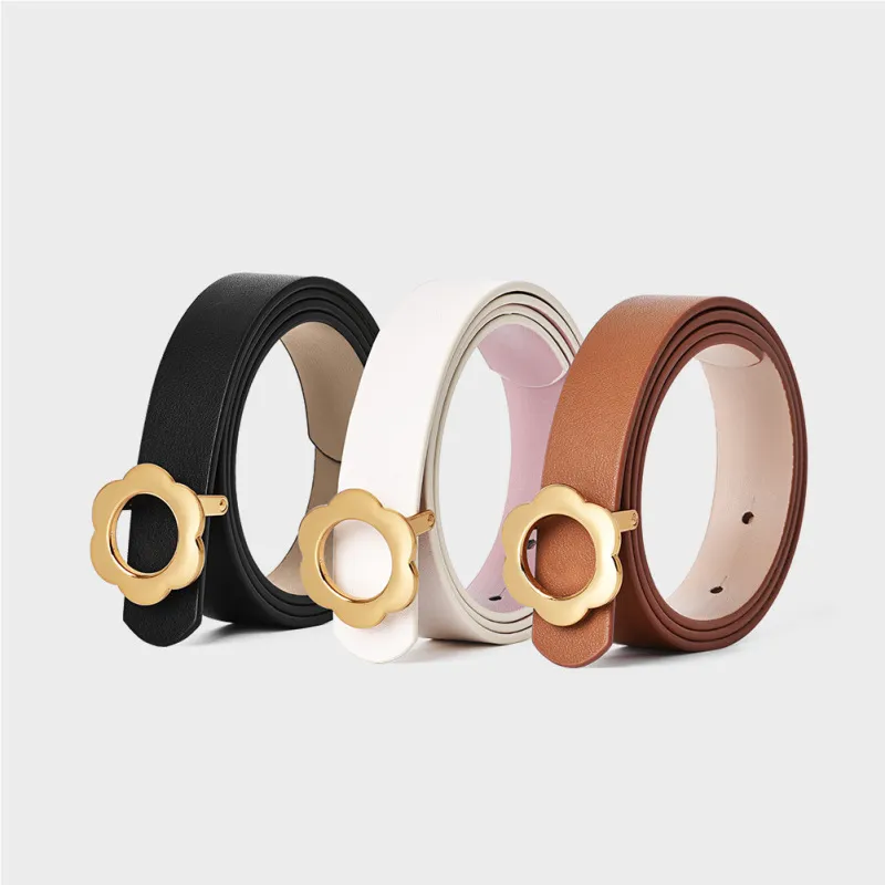 Women Fashion Casual Vintage Solid Color Versatile PU Floral Metal Buckle Belt