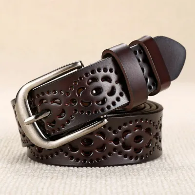 Women's Casual Solid Color PU Leather Hollow Metal Buckle Belt