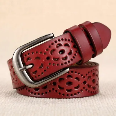 Women's Casual Solid Color PU Leather Hollow Metal Buckle Belt