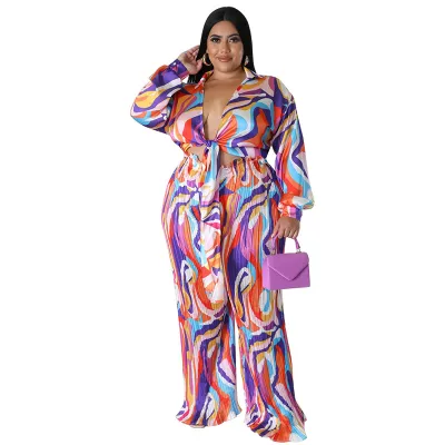 Women Plus Size Printed Deep V Lace-Up Long Sleeve Top with Creased Pants Set