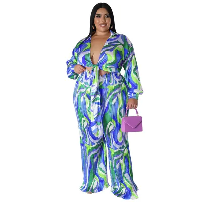 Women Plus Size Printed Deep V Lace-Up Long Sleeve Top with Creased Pants Set