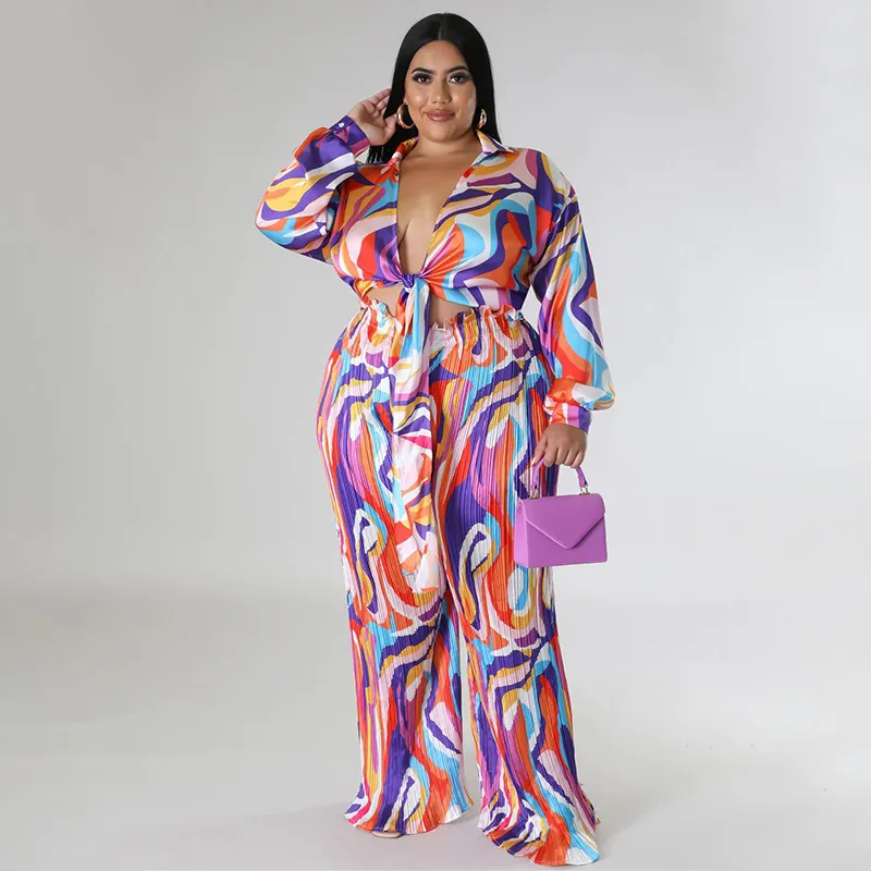 Women Plus Size Printed Deep V Lace-Up Long Sleeve Top with Creased Pants Set