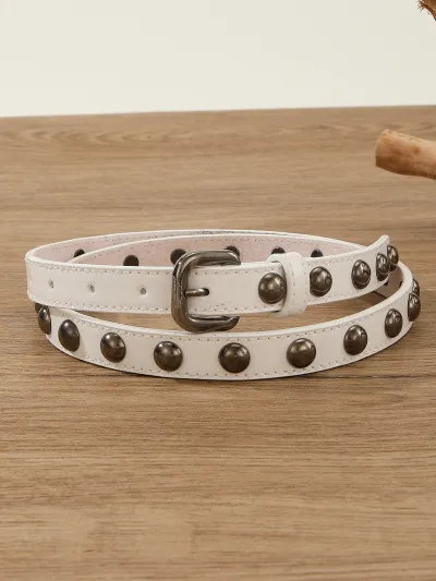 Women Fashion Casual Solid Color Vintage Rivet Versatile PU Metal Buckle Belt