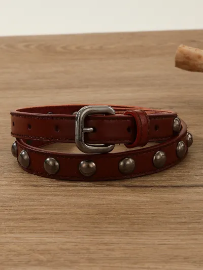 Women Fashion Casual Solid Color Vintage Rivet Versatile PU Metal Buckle Belt