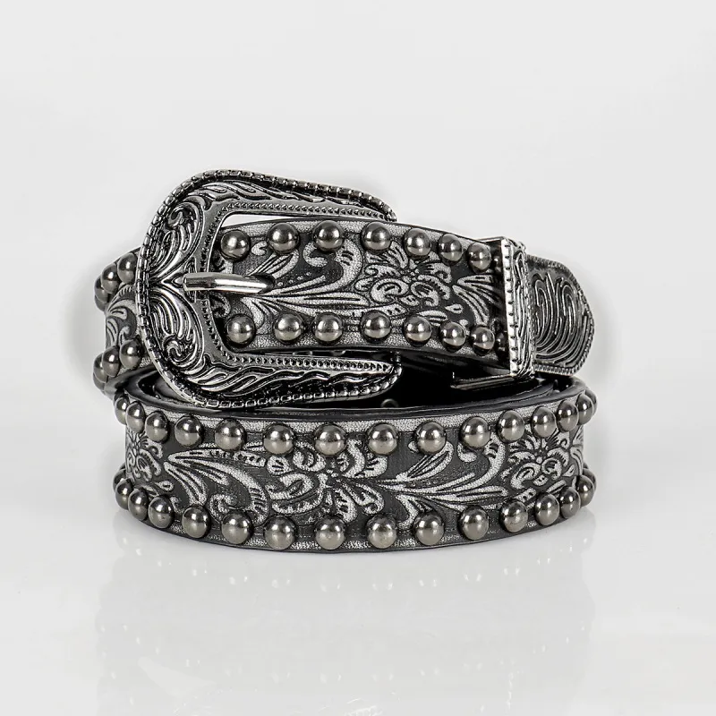 Women Casual Solid Vintage Rivet PU Metal Buckle Belt