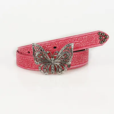 Women Fashion Casual Solid Color Versatile PU Butterfly Metal Buckle Belt