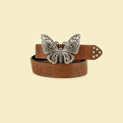 Women Fashion Casual Solid Color Versatile PU Butterfly Metal Buckle Belt