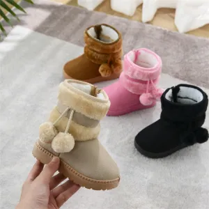 Kids Boys Girls Autumn Winter Fashion Casual Solid Color Fur Ball Round-Toe Flats Slip On Platform Shoes Snow Mid Calf Boots