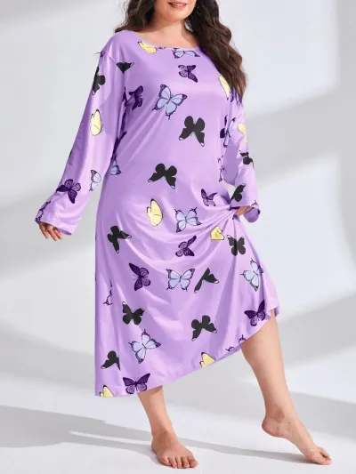 Women's Plus Size Butterfly Print Long Sleeve Nightgown - Casual Polyester Sleepwear