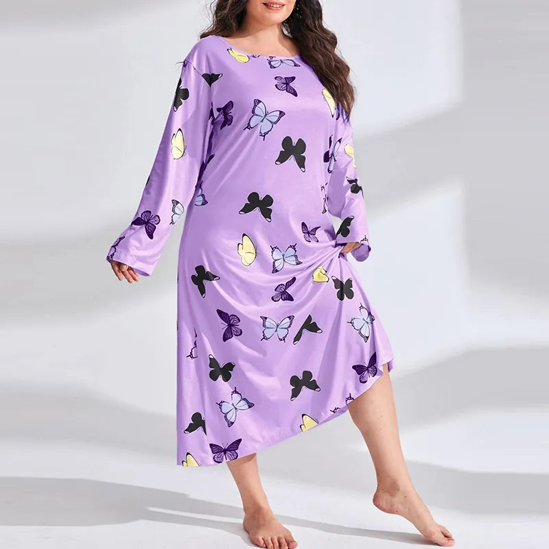 Women's Plus Size Butterfly Print Long Sleeve Nightgown - Casual Polyester Sleepwear