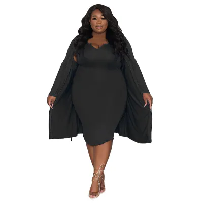Women Plus Size Casual Long Sleeve Dress Jacket Skirt Set