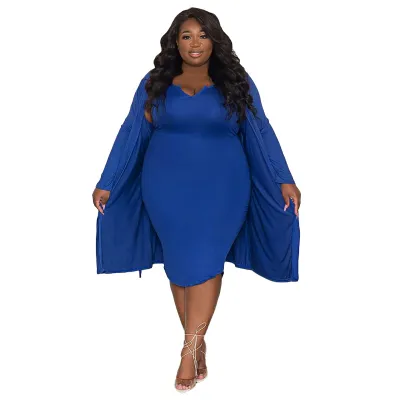 Women Plus Size Casual Long Sleeve Dress Jacket Skirt Set