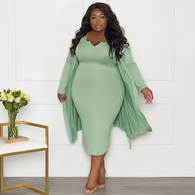 Women Fashion Casual Plus Size Long Sleeve Dress Jacket Two-Piece Set