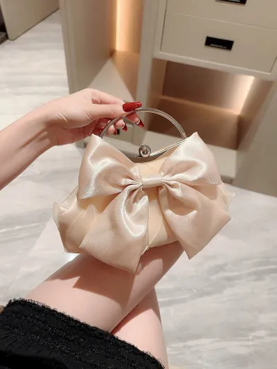 Fashion White Bow Evening Bag Satin Soft Clutch