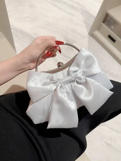 Fashion White Bow Evening Bag Satin Soft Clutch