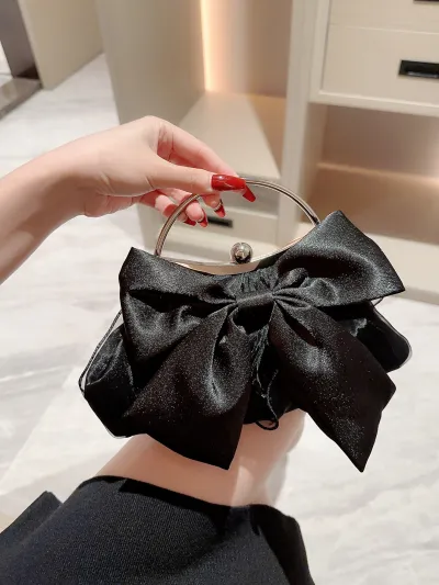 Fashion White Bow Evening Bag Satin Soft Clutch