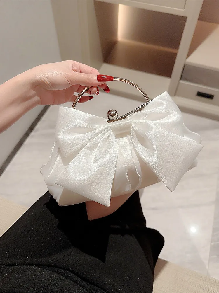 Fashion White Bow Evening Bag Satin Soft Clutch