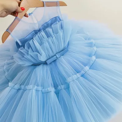 Kids Toddler Girls Fancy Solid Color Bow Pleated Sleeveless Mesh Tutu Party Dress