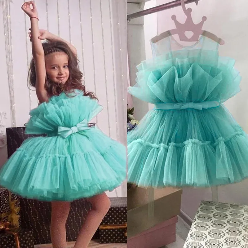 Kids Toddler Girls Fancy Solid Color Bow Pleated Sleeveless Mesh Tutu Party Dress