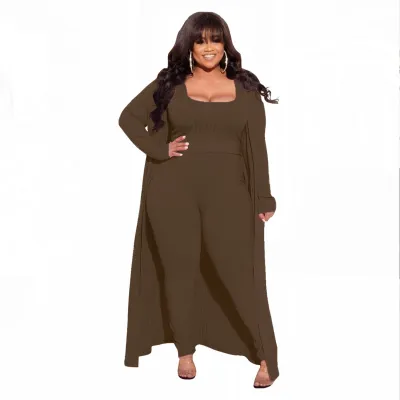 Women Plus Size High Elastic Knit Top Jacket Pants Set Street Hipster Style Three Piece Sets