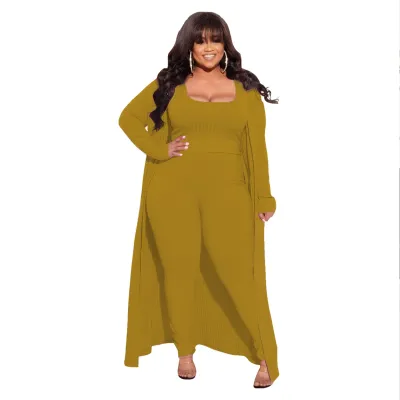 Women Plus Size High Elastic Knit Top Jacket Pants Set Street Hipster Style Three Piece Sets