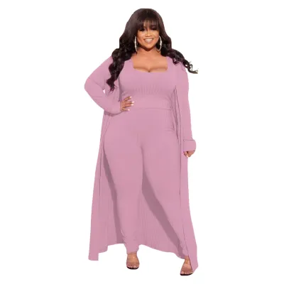 Women Plus Size High Elastic Knit Top Jacket Pants Set Street Hipster Style Three Piece Sets