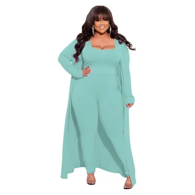 Women Plus Size High Elastic Knit Top Jacket Pants Set Street Hipster Style Three Piece Sets