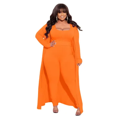 Women Plus Size High Elastic Knit Top Jacket Pants Set Street Hipster Style Three Piece Sets
