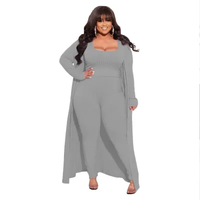 Women Plus Size High Elastic Knit Top Jacket Pants Set Street Hipster Style Three Piece Sets