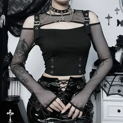 Women Fashion Edgy Gothic Open Shoulder Mesh Long Sleeve Crop Tops