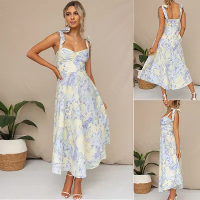 Women Elegant Floral Lace-Up Sleeveless Long Dress
