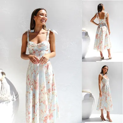 Women Elegant Floral Lace-Up Sleeveless Long Dress