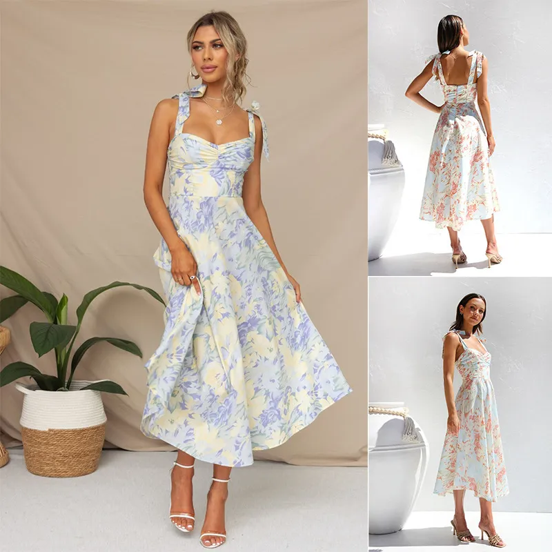 Women Elegant Floral Lace-Up Sleeveless Long Dress