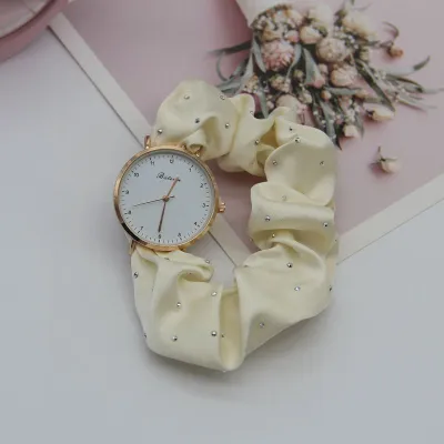Women's Fashion Casual Elegant Silk Watchband Rhinestone Solid Color Watch