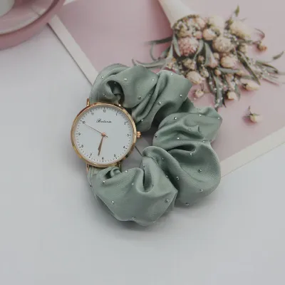 Women's Fashion Casual Elegant Silk Watchband Rhinestone Solid Color Watch