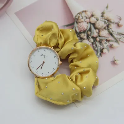 Women's Fashion Casual Elegant Silk Watchband Rhinestone Solid Color Watch