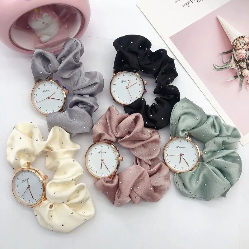 Women's Fashion Casual Elegant Silk Watchband Rhinestone Solid Color Watch