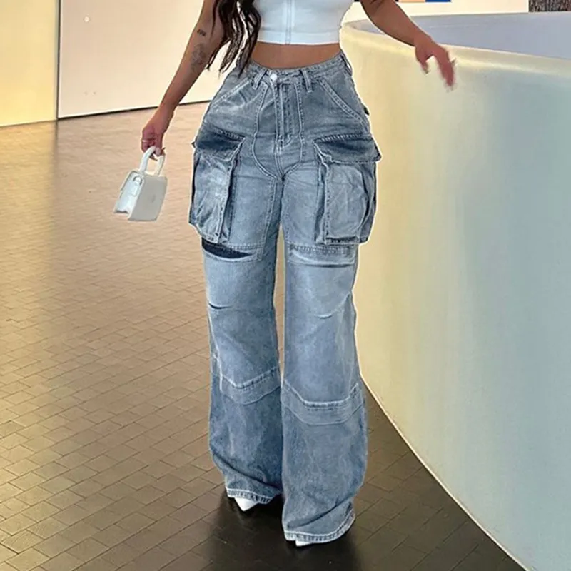 Women Fashion Personalized Large Pocket Stitching High Waist Straight Wide-leg Cargo Pants Jeans