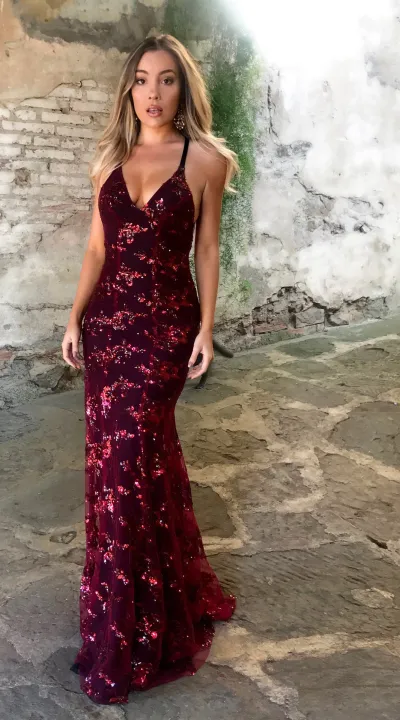Women Elegant Sexy V-Neck Sling Sequin Evening Dress