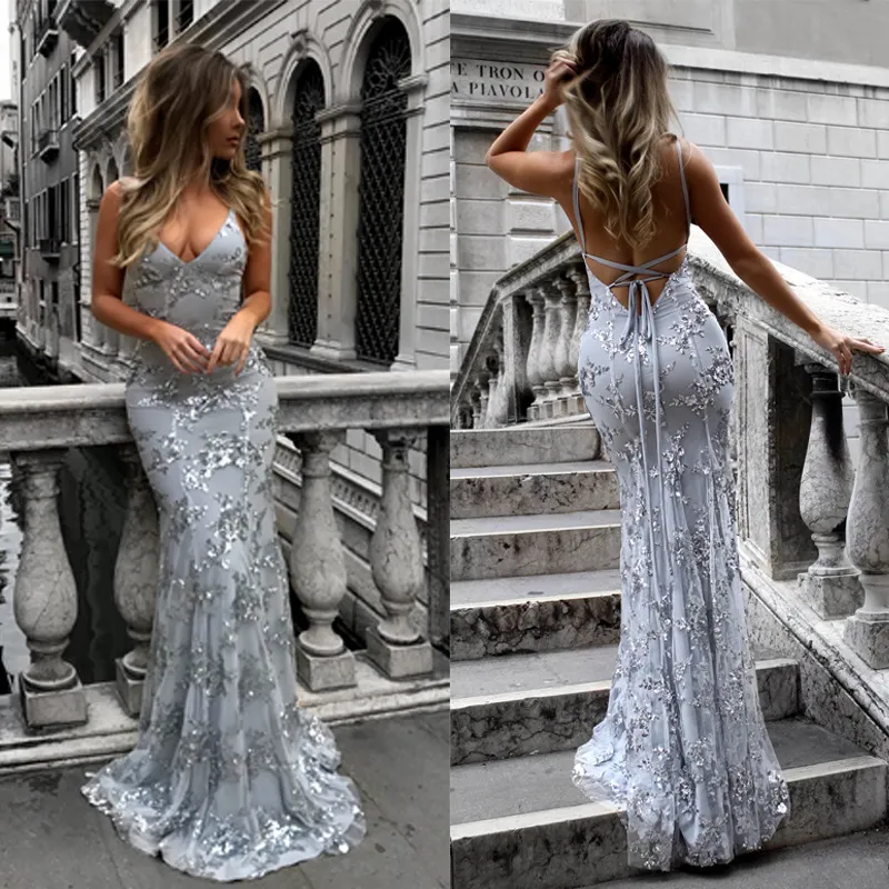 Women Elegant Sexy V-Neck Sling Sequin Evening Dress