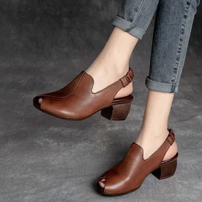 Women Fashion Plus Size Retro Solid Color Chunky Heel Roman Open Toe Sandals