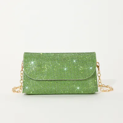 Women Fashion Solid Color Rhinestone Flap Mini Chain Evening Bag