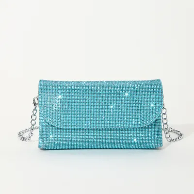 Women Fashion Solid Color Rhinestone Flap Mini Chain Evening Bag