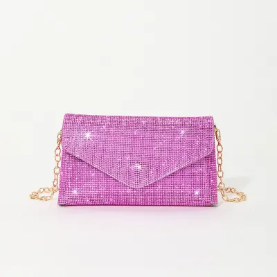 Women Fashion Solid Color Rhinestone Flap Mini Chain Evening Bag