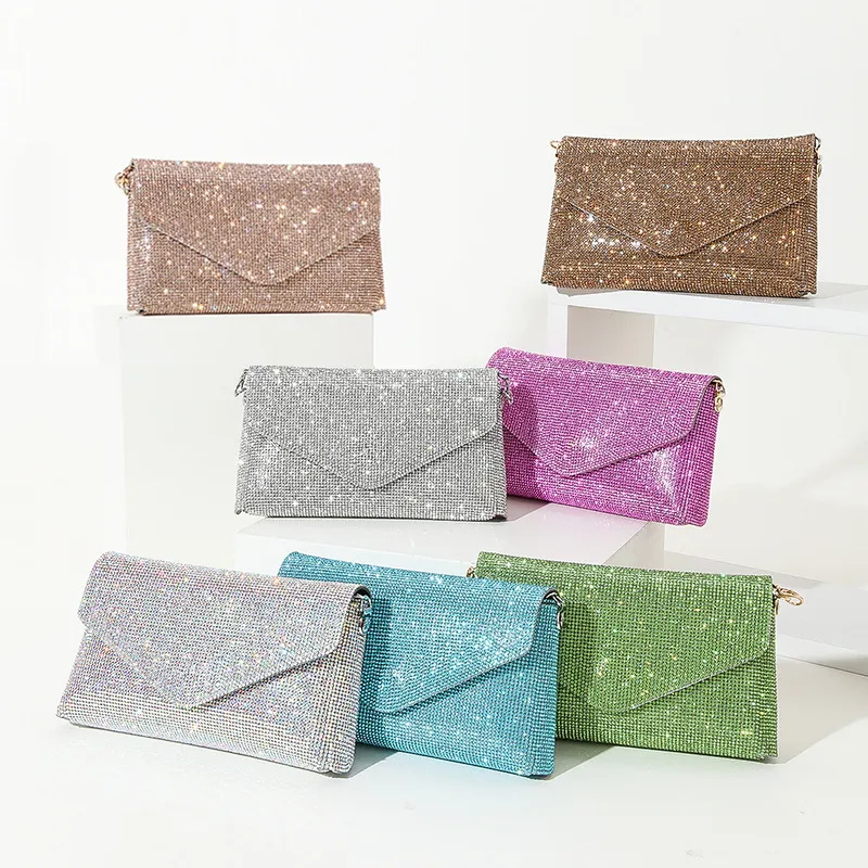 Women Fashion Solid Color Rhinestone Flap Mini Chain Evening Bag