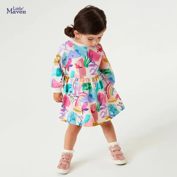 Kids Toddler Big Girls Summer Fashion Casual Sweet Cotton Colorblock Round Neck Long Sleeve Dress