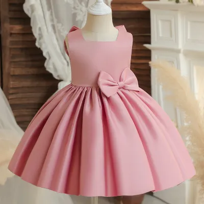 Kids Toddler Girls Fashion Princess Style Solid Color Bow Pleated Sleeveless Tutu Party Dress
