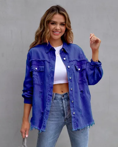 Women Casual Lapel Ripped Extra Long Denim Coat Street Hipster